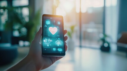 A hand holding a smartphone displaying virtual care notifications, focus on glowing health data, blurred workspace background, bright natural light.