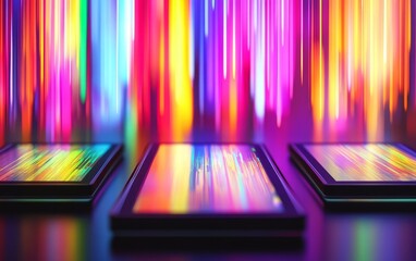 A vibrant display of colorful light streaks behind three tablets, creating a dynamic and modern tech aesthetic.