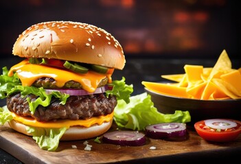 mouthwatering close delicious burger loaded fresh juicy melted crisp tomato soft bun, cheese, patty, lettuce, meal, food, appetizing, fast, sandwich, grill