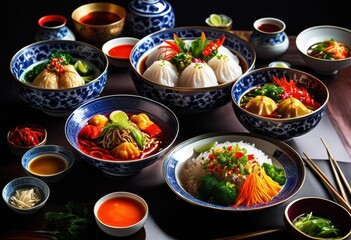 Wall Mural - vibrant colorful chinese dishes presented eye catching bowls stunning culinary experience, appetizer, chef, china, condiments, cuisine, delicious, design