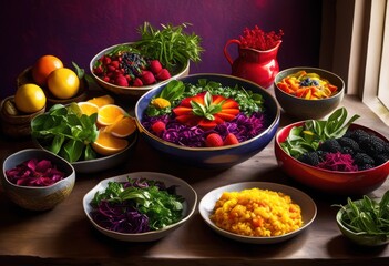 colorful display vibrant plant based meals arranged aesthetically brightly colored table fresh ingredients plates, arrangement, banquet, bowls, catering, colors