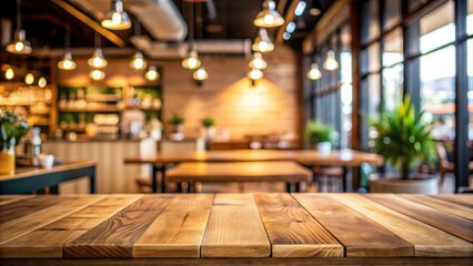 Poster - Empty wooden table in a blurred cafe background, perfect for product display