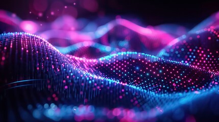 Wall Mural - abstract purple and blue digital waves with bokeh lights.