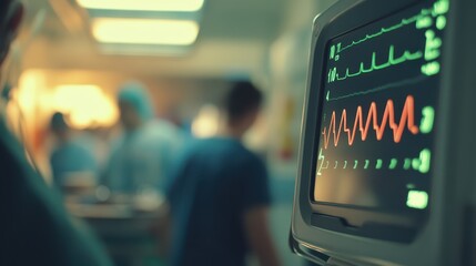 Close-up of a trauma patient's vital signs being displayed on a monitor, focus on the fluctuating heart rate, blurred medical team in the background.