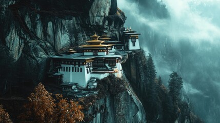 Wall Mural - The iconic view of Tiger's Nest Monastery, with its white walls and golden roofs contrasting against the dark cliffs.