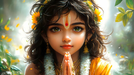 Wall Mural - A young girl with a serene expression, adorned with flowers and traditional attire, in a lush setting.