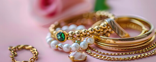 Closeup of a collection of gold jewelry, including bracelets, rings, and a necklace, with a pink rose blurred in the background. The jewelry is a symbol of luxury, beauty, and preciousness.