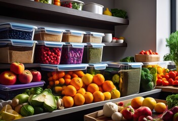 colorful vibrant meal prep displayed neatly organized storage bins efficient food management, containers, ingredients, healthy, snacks, kitchen, organization