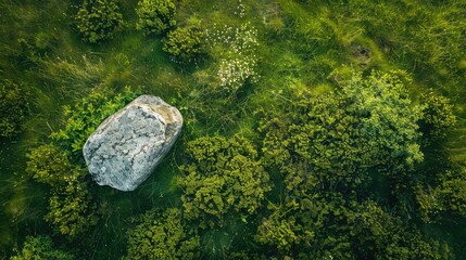 Wall Mural - View of a stone in a summer meadow from above