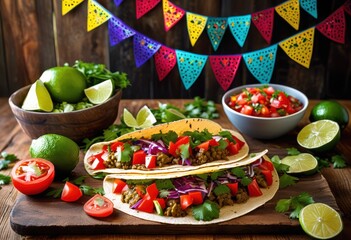 vibrant taco celebration featuring colorful fresh festive presentation lively culinary experience, toppings, ingredients, colors, fiesta, dish, food, meal