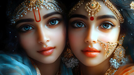 Wall Mural - Portrait of two women adorned with traditional jewelry and attire, showcasing cultural beauty.