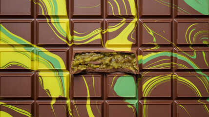 A piece of dark Dubai chocolate with a bite on a blurry background, the chocolate is filled with a thick layer of pistachio filling that seeps out the sides, with yellow and green spots on its surface