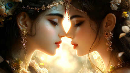 Wall Mural - Two elegant women with intricate jewelry and floral accents, sharing a serene moment.