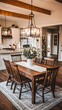© bcendet - A rustic dining room with a wooden table, chairs, and a chandelier.