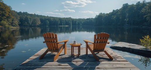 Two wooden chairs on a wooden dock overlooking a lake. A small table sits between the chairs. The lake is surrounded by trees. The sky is blue and sunny.