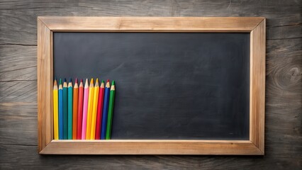 Dark chalk board with colored pencils for drawing, with copy space