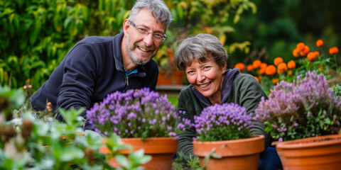 Wall Mural - Caucasian married middle aged couple planting herbs at the backyard