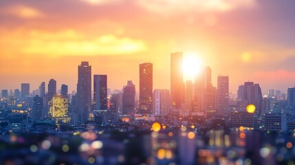 Wall Mural - A vibrant city skyline during sunset, showcasing modern buildings against a colorful sky.