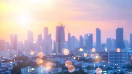 Wall Mural - A blurred city skyline at sunset, showcasing buildings against a colorful sky with soft bokeh effects.