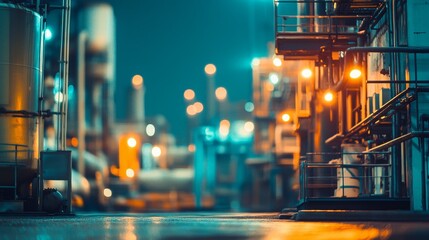 A nighttime industrial scene showcasing illuminated pipes and structures in a factory setting.