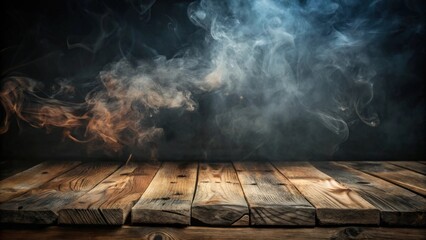 Dark and eerie background with an old wood plank emitting smoke