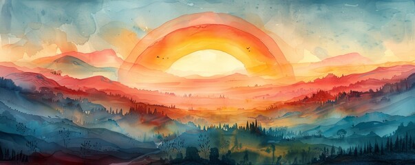 Watercolor abstract rainbow over a peaceful valley.