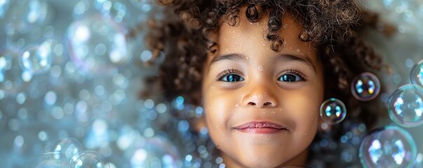 A young child gleefully playing with bubbles, eyes lit up with innocent joy and laughter against a plain white background.