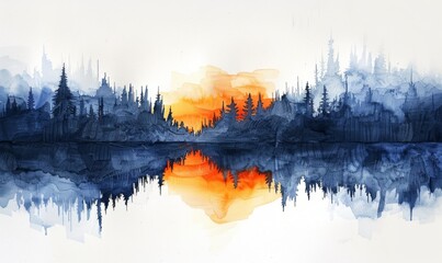 Wall Mural - Watercolor abstract twilight reflections on white.