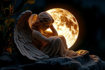 Wall Mural - Stone angel, bathed in moonlight, glowing softly in the dark seems to come to life under the light of the full moon, a serene figure in the night