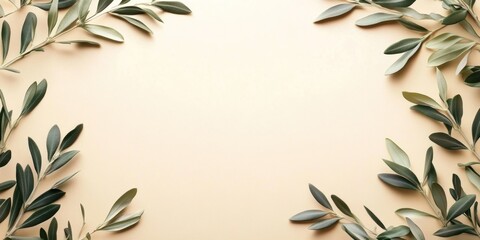 Brown khaki background decorated with Olives and olive branches. Background with olive leaves for your package and design illustration.