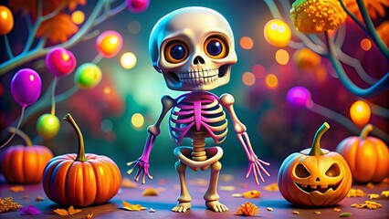 * Cartoon skeleton halloween design illustration mood whimsical style playful technical digital color bright colors concept kids halloween