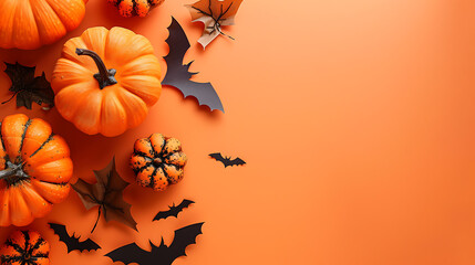 Halloween background with pumpkins, bats and leaves on orange background