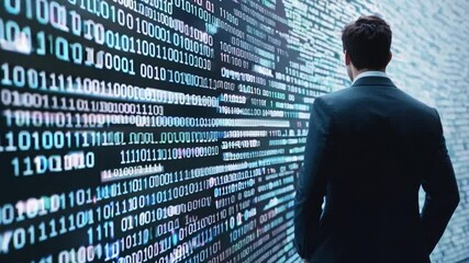 A man in a suit stands observing a large display filled with binary code, immersed in data analysis in a contemporary workspace