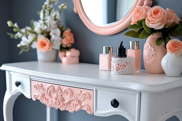 Vanity table with a feminine touch, captured in a photo where a vanity table is decorated with soft pink accents, lace details, and a delicate mirror, creating a romantic and feminine space