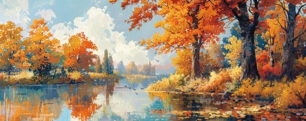 Wall Mural - Riverbank lined with autumn trees