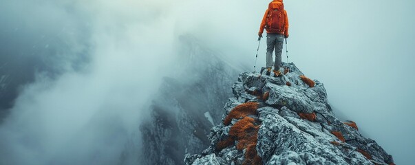 A hiker reaching the summit of a mountain, exhilaration written across their face against a plain white background.