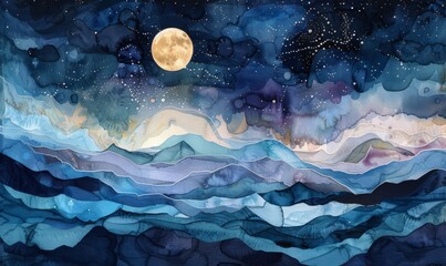 Wall Mural - Abstract moonlight reflections in watercolor on white.