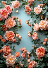 Poster - Elegant Floral Collage Art with Pink Roses and Green Leaves on Light Blue Background