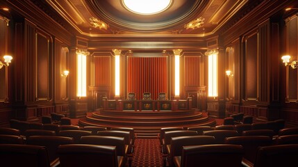 Wall Mural - Elegant Courtroom Interior with Judge's Bench and Ornate Frame Border Background - Legal and Judicial Concept