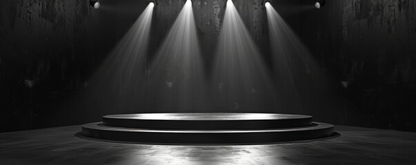 Modern black podium with sharp edges, illuminated by focused spotlights.