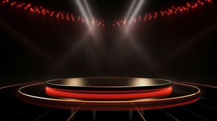 a luxury award ceremony background with a gold, red, and black podium, accented in red, enhanced by 