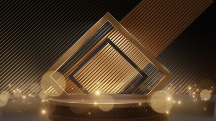 Wall Mural - a modern geometric golden frame displayed on a round podium, with a textured background and glowing 