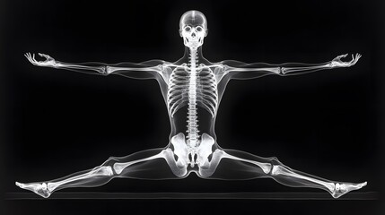 x-ray of yoga pose: an x-ray depiction of a person holding a yoga pose, with muscles and bones shown