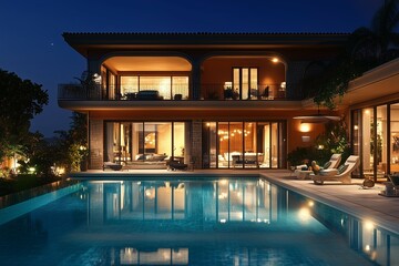 Luxury villa with swimming pool at night