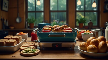 New modern grill maker accompanied by sandwiches and various ingredients, all arranged on a wooden table
