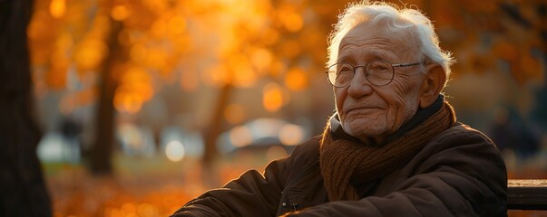 A senior citizen sitting alone on a park bench, looking into the distance with a nostalgic smile tinged with melancholy.