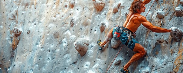 A person with a determined expression, climbing a rock wall with focused determination and muscles tensed against a plain white background.