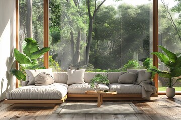 Wall Mural - Minimal sofa at window with garden view