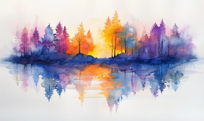 Wall Mural - Watercolor abstract twilight reflections on white.