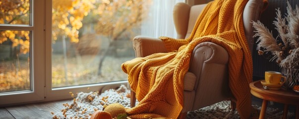 Wall Mural - Cozy armchair with an autumn knitted blanket